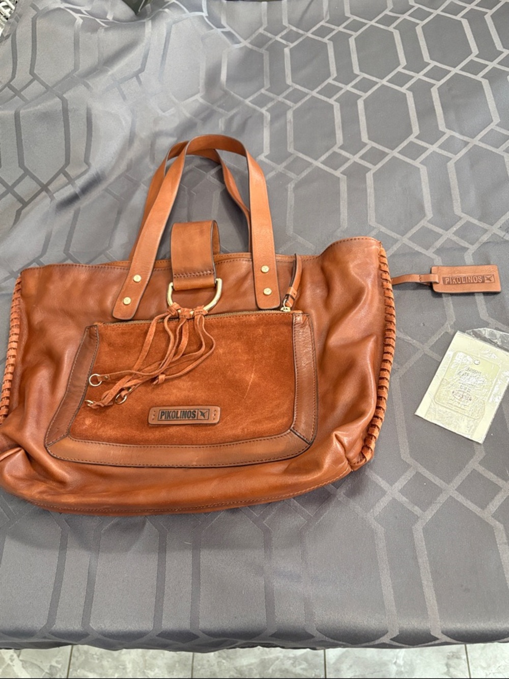 PIKOLINOS Cognac Brown Leather Tote with Suede Front